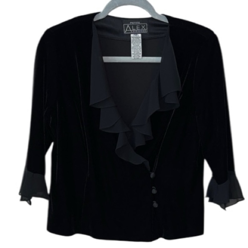 Alex Evenings Petite Black Velvet Ruffle Holiday Christmas Jacket Size PM